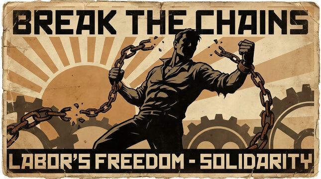Vintage propaganda-style poster depicting a worker breaking chains, symbolizing labor rights, freedom, solidarity, social justice, and workers' empowerment.
