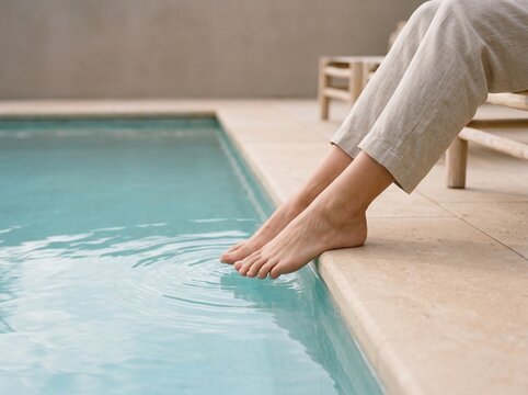 Person dipping feet into swimming pool water. Relaxing summer vacation at luxury resort.