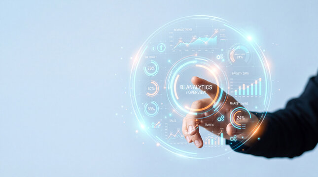 A single hand reaches toward a floating circular dashboard filled with charts and progress indicators against a clean pale blue background, cropped composition with no visible face, holographic