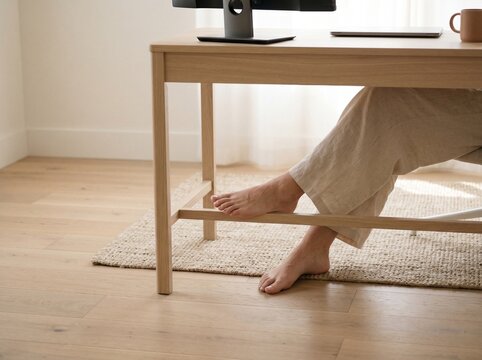 Bare feet under office desk. Person relaxing while working from home in a cozy workspace.