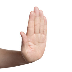 Naklejka na ściany i meble Raised open hand showing stop and refusal gesture, isolated on transparent cutout background