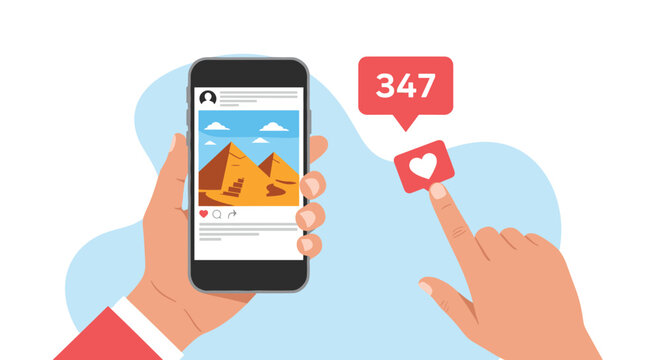 Social media marketing concept with a hand holding a smartphone displaying an image post and receiving heart like icons.