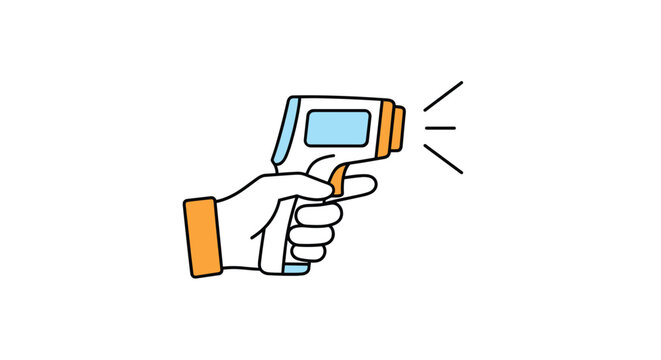 Hand holding a non-contact infrared thermometer for temperature screening and health safety monitoring concept.