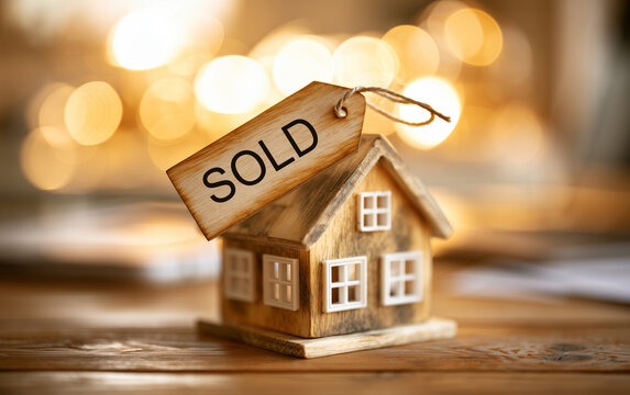 Successful Real Estate Transaction: Miniature House with Sold Sign and Handshake Background