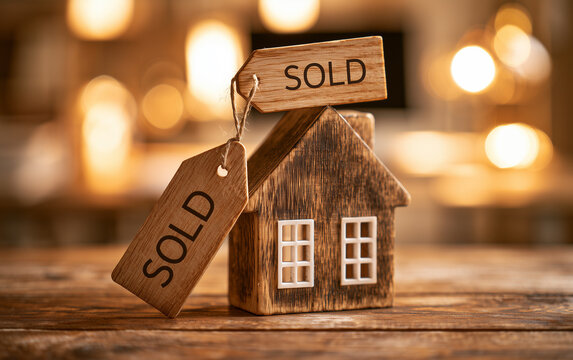 Successful Real Estate Transaction: Miniature House with Sold Sign and Handshake Background