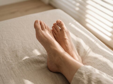 Bare feet resting on a bed. Relaxed person lying down with soft geometric window shadows.