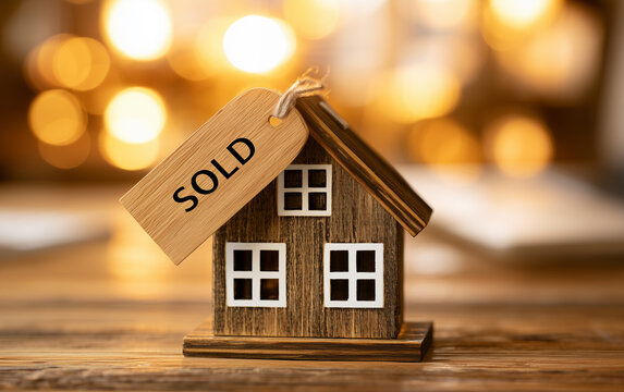Successful Real Estate Transaction: Miniature House with Sold Sign and Handshake Background