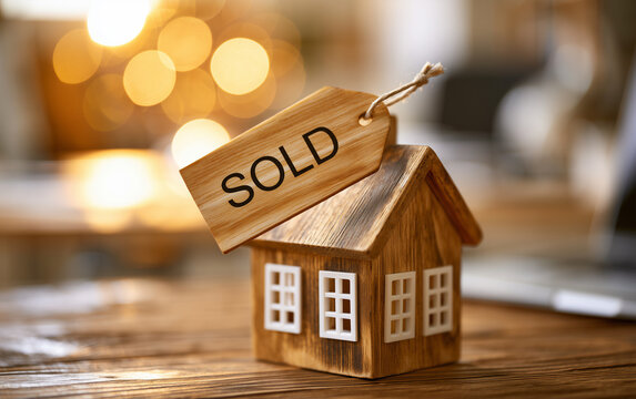 Successful Real Estate Transaction: Miniature House with Sold Sign and Handshake Background