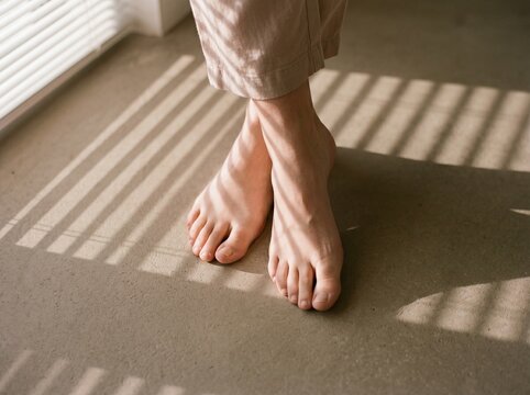 Bare feet standing on floor with window shadows. Abstract legs with geometric light patterns.