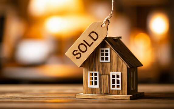 Successful Real Estate Transaction: Miniature House with Sold Sign and Handshake Background