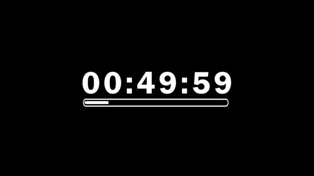 60 minute 1 hours countdown timer with white bar loading animation, digital countdown clock timer on transparent background, 4k video
