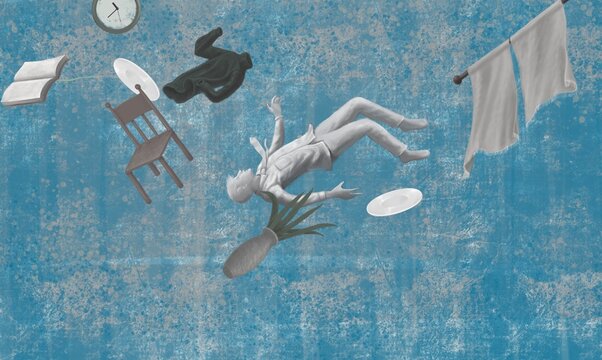 Depressed man in surreal room, lonely businessman, conceptual artwork, painting illustration, loneliness concept	