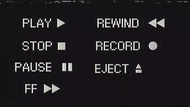 Vintage video cassette recorder control panel up close, showing classic buttons for play, stop, rewind, record, and eject, a nostalgic symbol of retro analog media technology