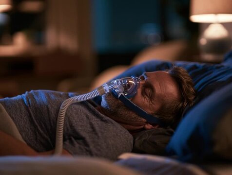 a man sleeping on his back with an oxygen mask on his face
