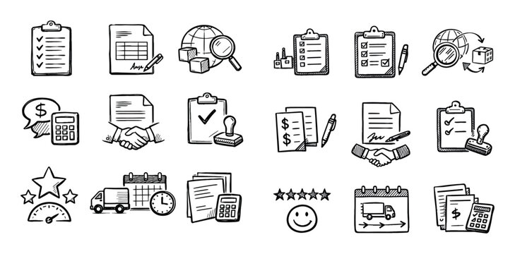 Business and finance design icons with clipboard, calculator and handshake for infographic design in doodle style