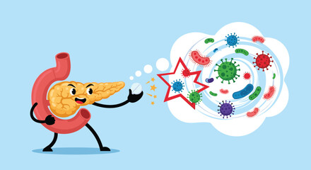 Fototapeta premium Cartoon pancreas character holding a pill and fighting off colorful germs and bacteria, representing medical treatment and health.