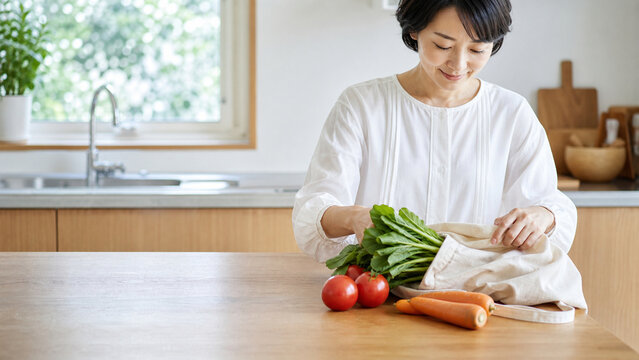 買ってきた新鮮な野菜を自宅で取り出す日本人女性