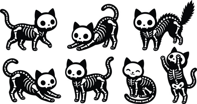 Whimsical skeleton cats in playful poses on white background for Halloween themed designs