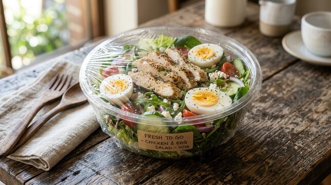 healthy salad with chicken and eggs in plastic bowl