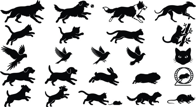 Set of black silhouettes of domestic pets including dogs cats birds rabbits and mice