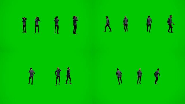 3d animated cartoon animation people standing and walking on green screen chromakey background. Diverse animated characters creating natural daily pedestrian crowd perfect for urban lifestyle sim