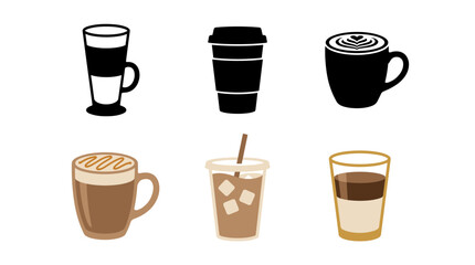 Obraz premium Set of vector collection featuring different caramel macchiato coffee servings, caramel macchiato with caramel drizzle, iced caramel macchiato, caramel espresso in tall glass