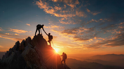 Naklejka premium A group of colleagues stands on a mountain peak during sunset, h