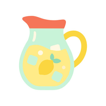 Colorful pitcher with yellow liquid.