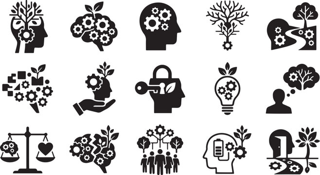 set of black and white icons representing mental health, wellness, and personal growth on transparent background.