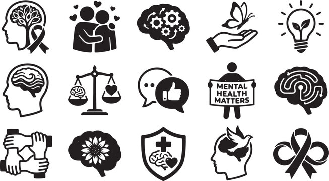 set of black and white mental health and awareness icons on transparent background.