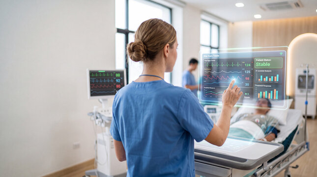 Monitoring a patient from behind, a healthcare professional touches a holographic interface displaying vital trends and health data in a bright smart clinic, face defocused, patient monitoring