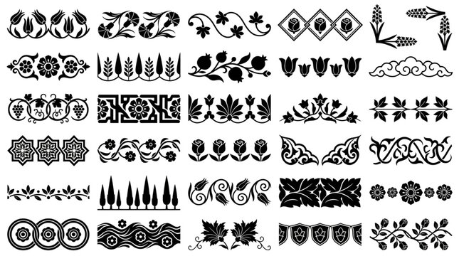 Collection of Ottoman floral border designs and decorative elements for patterns.