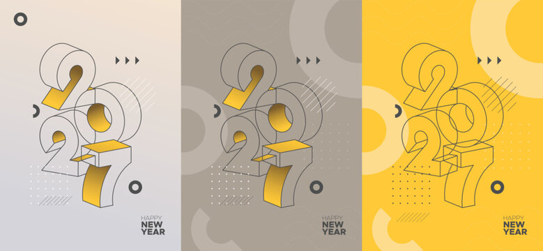 Modern Geometric Happy New Year 2027 Poster with Abstract 3D Line Art Vector Design