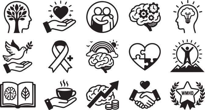 Mental health and well-being outline icons set isolated on transparent background.