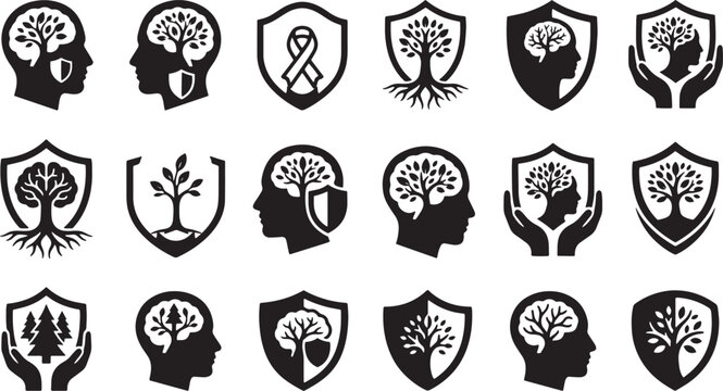 Mental health and tree brain black silhouette icons set on transparent background.