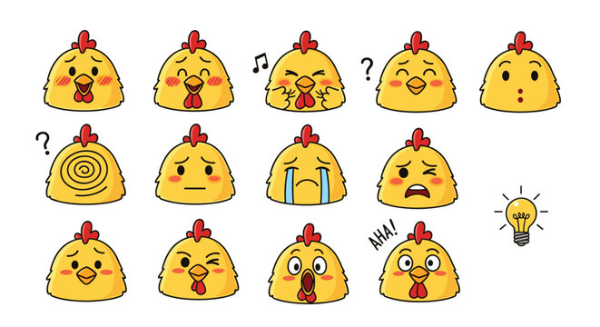 Set of fourteen yellow chick or chicken head icons with different facial expressions like happy, sad, angry, and curious emotions.