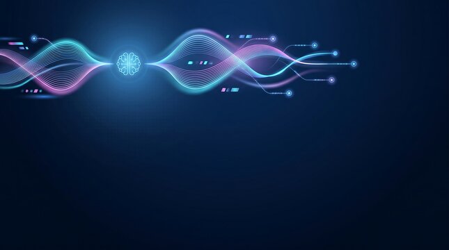 Abstract digital representation of artificial intelligence neural network processing data on dark blue background.