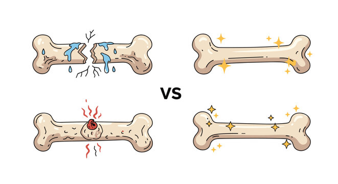 Medical comparison illustration showing the difference between broken or unhealthy bones and strong healthy ones.