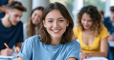 Fototapeta premium In a bright study space, college students actively exchange ideas and take notes, highlighting teamwork and learning.