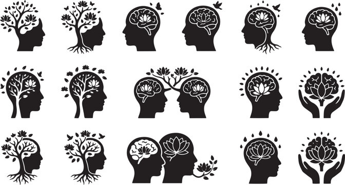 Lotus and zen brain mental health vector icons.
