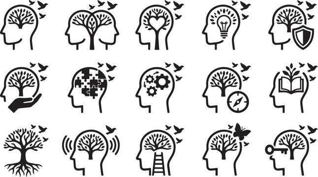 Human mind freedom and mental growth icons with birds and tree symbols.