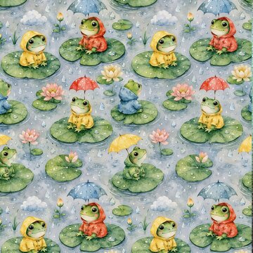 Watercolor Cute Frogs in Raincoats on Lily Pads Seamless Pattern with Umbrellas and Raindrops