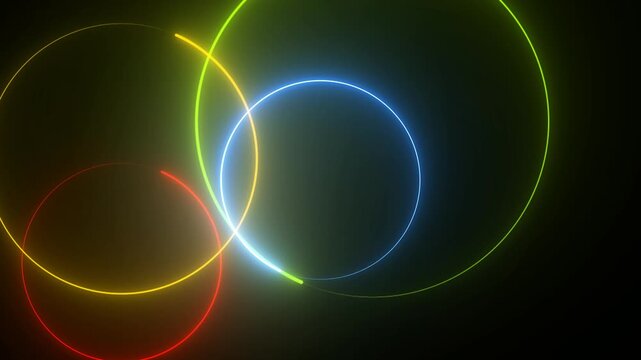 glowing neon circles animation with intersecting light rings seamless loop abstract motion background on dark backdrop