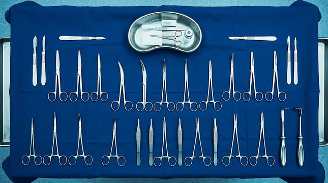 Assorted dental surgery instruments organized in a blue tray with a tooth diagram . Ai Generated