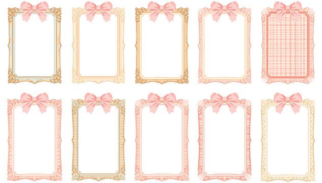 A collection of ten rectangular photo frames featuring delicate pink bows and ribbons in pastel colors, presented as isolated elements on a white background.