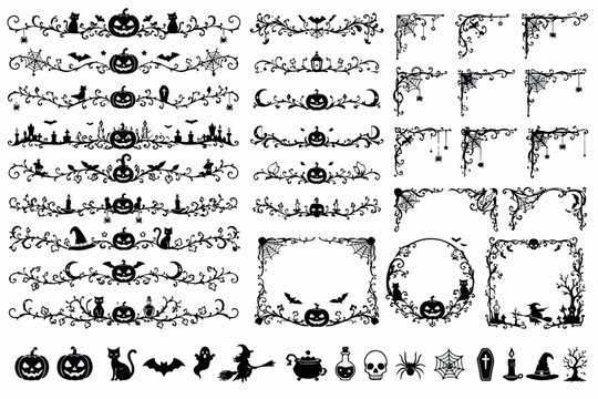 Vintage Halloween decorative dividers and frames set, black spooky filigree borders with pumpkins and bats, gothic holiday vector elements isolated PNG with Transparent Background