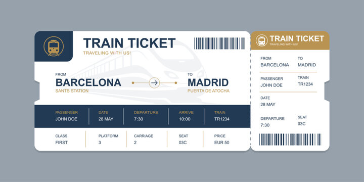 Vector flat train ticket template with passenger information and trip.