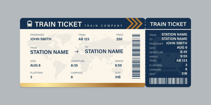 Vector flat train ticket template with passenger information and trip.