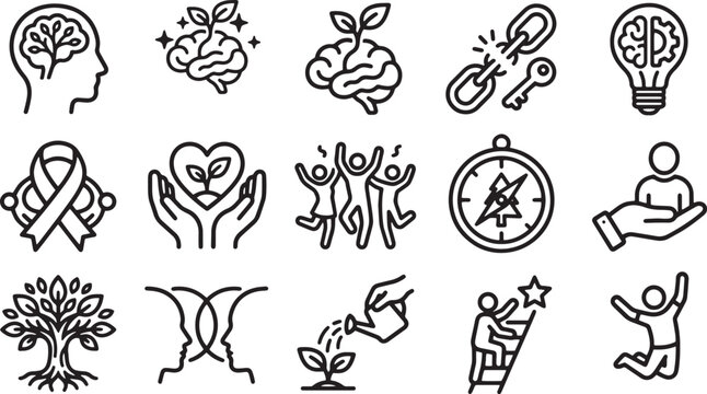 Collection of mental health and psychology vector icons. brain, growth, connection, keys, awareness ribbon, hands, celebration, success, journey, tree, communication, watering, achievement, happiness.