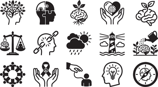 Set of black and white mental health and psychology vector icons. brain, puzzle, growth, care, support, balance, therapy, rain, lighthouse, watering, community, ribbon, success, direction.